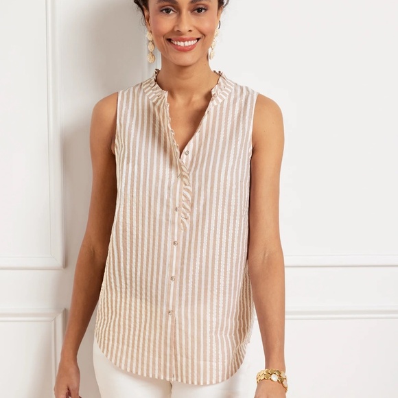 NWT Talbots Tan Gold Metallic Stripe Ruffle Button Front Top Blouse Shirt MEDIUM - Picture 1 of 3